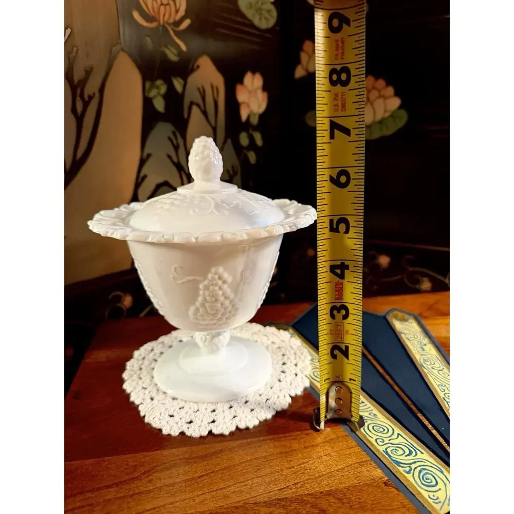 Vintage Milk Glass Covered Compote Candy Dish Grape Vine Pedestal Open Lace